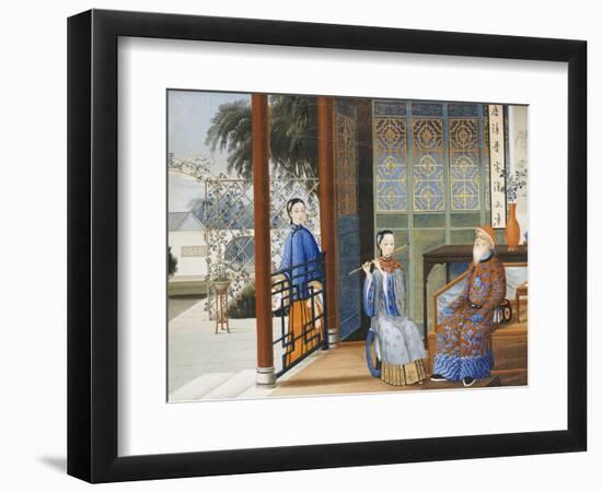 An Elderly Gentleman Listening to a Flautist in an Interior, Chinese School, Mid 19th Century-null-Framed Giclee Print