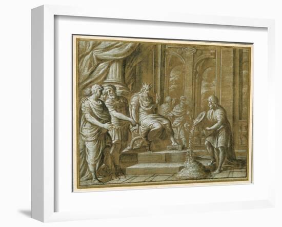 An Elderly King, Enthroned with Attendants in an Architectural Setting, and a Youth Pouring from…-Pietro Da Cortona-Framed Giclee Print