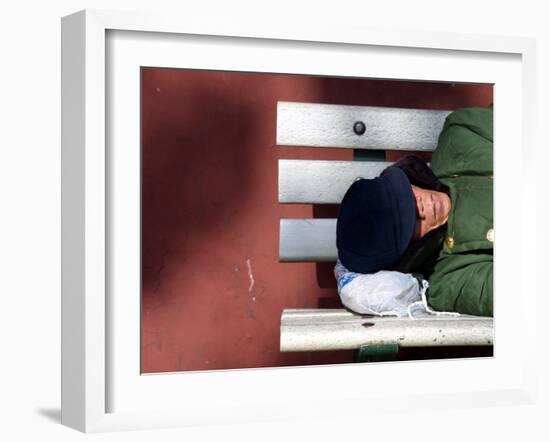 An Elderly Man Sleeps on a Bench Near Beijing's Tiananmen Square-null-Framed Premium Photographic Print