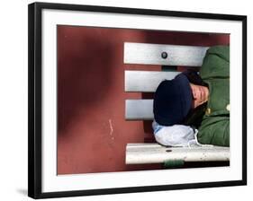 An Elderly Man Sleeps on a Bench Near Beijing's Tiananmen Square-null-Framed Photographic Print