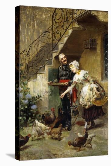 An Elegant Couple Feeding Chickens in a Courtyard-Giacomo Mantegazza-Stretched Canvas
