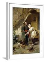 An Elegant Couple Feeding Chickens in a Courtyard-Giacomo Mantegazza-Framed Giclee Print