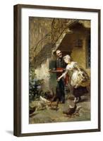 An Elegant Couple Feeding Chickens in a Courtyard-Giacomo Mantegazza-Framed Giclee Print