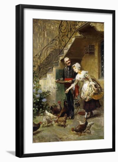 An Elegant Couple Feeding Chickens in a Courtyard-Giacomo Mantegazza-Framed Giclee Print