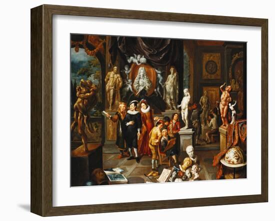 An Elegant Couple Visiting a Sculpture Gallery, with an Artist Sketching and a Sculptor at Work Bey-Balthasar van den Bossche-Framed Giclee Print