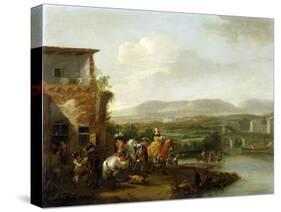 An Elegant Riding Party outside a Farm by a River (Oil on Canvas)-Philips Wouwermans or Wouvermans-Stretched Canvas