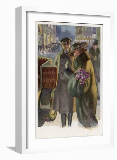 An Elegant Viennese Lady Enters Her Chauffeur-Driven Car at Night Clutching a Bunch of Roses-H. Schubert-Framed Art Print