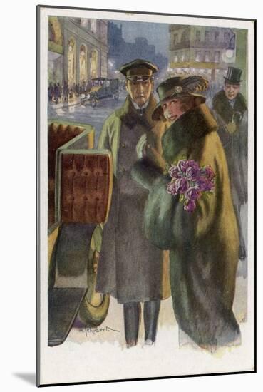 An Elegant Viennese Lady Enters Her Chauffeur-Driven Car at Night Clutching a Bunch of Roses-H. Schubert-Mounted Art Print