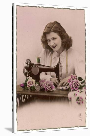 An Elegant Young Woman, Using Her Sewing Machine-null-Stretched Canvas