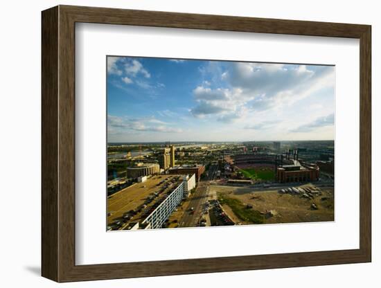 An elevated view of the third Busch Stadium and St. Louis, Missouri, where the Pittsburgh Pirate...-null-Framed Photographic Print