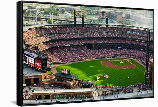 An elevated view of the third Busch Stadium, St. Louis, Missouri, where the Pittsburgh Pirates b...-null-Framed Stretched Canvas