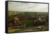 An elevated view of the third Busch Stadium, St. Louis, Missouri, where the Pittsburgh Pirates b...-null-Framed Stretched Canvas