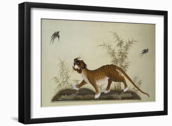 An Embroidered Panel of a Tiger Chasing Small Birds Among Bamboo, in Shades of Green & Brown Silks-null-Framed Giclee Print