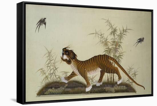 An Embroidered Panel of a Tiger Chasing Small Birds Among Bamboo, in Shades of Green & Brown Silks-null-Framed Stretched Canvas