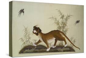 An Embroidered Panel of a Tiger Chasing Small Birds Among Bamboo, in Shades of Green & Brown Silks-null-Stretched Canvas