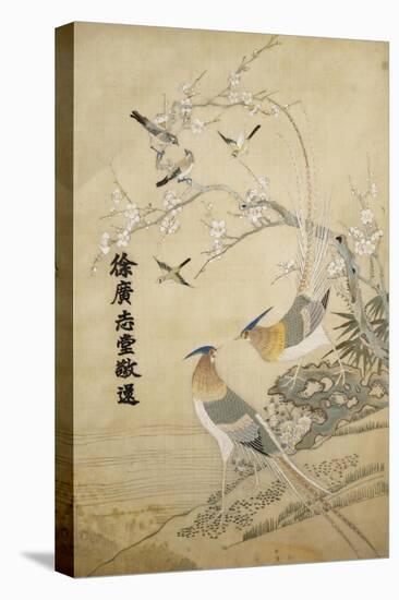 An Embroidered Picture, with Two Silver Pheasants in a Rocky Landscape with Plum Blossom and…-null-Stretched Canvas