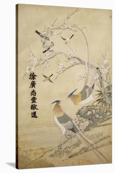 An Embroidered Picture, with Two Silver Pheasants in a Rocky Landscape with Plum Blossom and…-null-Stretched Canvas