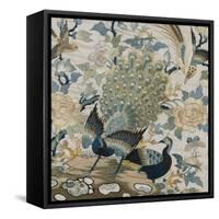 An Embroidered Roundel of Cream Satin, with a Pair of Peacocks and Other Birds Among Flowers-null-Framed Stretched Canvas