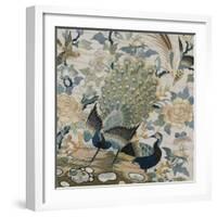 An Embroidered Roundel of Cream Satin, with a Pair of Peacocks and Other Birds Among Flowers-null-Framed Giclee Print