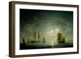 An English Frigate and Coastal Craft Becalmed by Moonlight-Charles Brooking-Framed Giclee Print