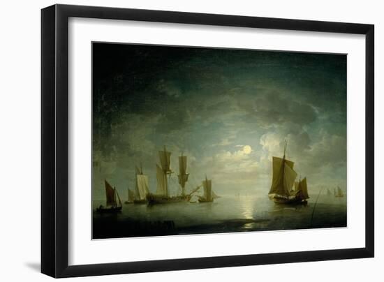 An English Frigate and Coastal Craft Becalmed by Moonlight-Charles Brooking-Framed Giclee Print