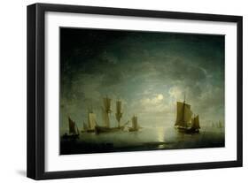 An English Frigate and Coastal Craft Becalmed by Moonlight-Charles Brooking-Framed Giclee Print