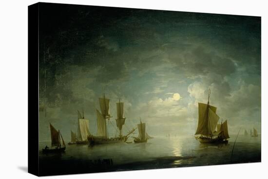 An English Frigate and Coastal Craft Becalmed by Moonlight-Charles Brooking-Stretched Canvas