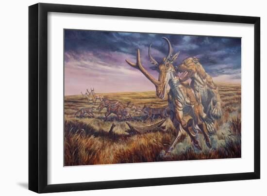 An Epicyon Attacks a Synthetoceras on the Run-null-Framed Art Print