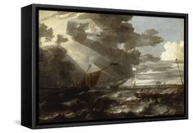 An Estuary Scene in a Gale, with Fishermen hauling in a Fixed Line-Bonaventura Peeters-Framed Stretched Canvas