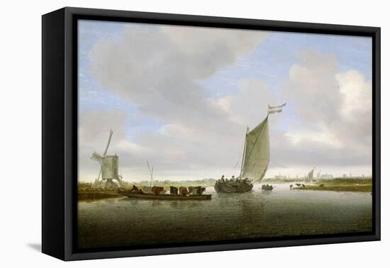 An Estuary Scene with Cattle Aboard a Ferry and a Windmill Beyond-Salomon van Ruisdael or Ruysdael-Framed Stretched Canvas