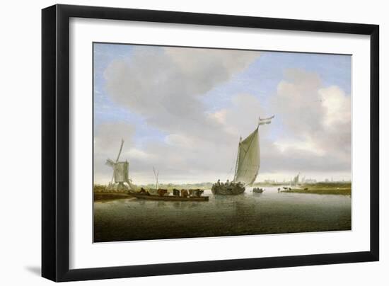 An Estuary Scene with Cattle Aboard a Ferry and a Windmill Beyond-Salomon van Ruisdael or Ruysdael-Framed Giclee Print