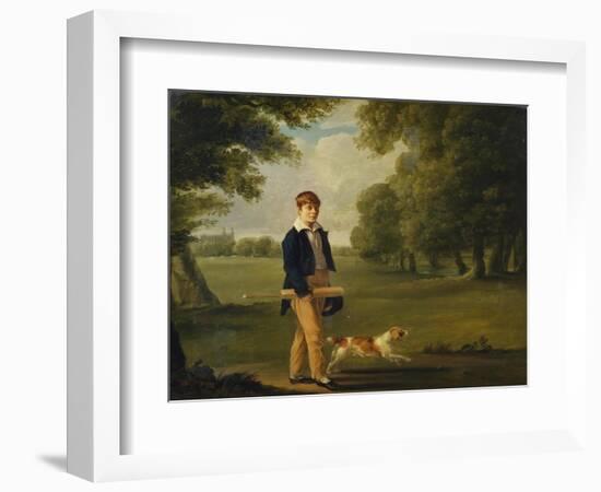 An Eton Schoolboy Carrying a Cricket Bat, with His Dog, on Playing Fields,-Arthur William Devis (Circle of)-Framed Giclee Print