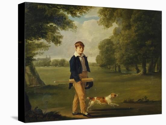 An Eton Schoolboy Carrying a Cricket Bat, with His Dog, on Playing Fields,-Arthur William Devis (Circle of)-Stretched Canvas