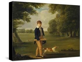 An Eton Schoolboy Carrying a Cricket Bat, with His Dog, on Playing Fields,-Arthur William Devis (Circle of)-Stretched Canvas