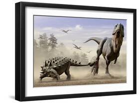 An Euoplocephalus Hits T-Rex's Foot by its Mace Like Tail in Self-Defense-null-Framed Premium Giclee Print
