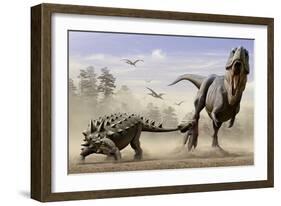 An Euoplocephalus Hits T-Rex's Foot by its Mace Like Tail in Self-Defense-null-Framed Art Print