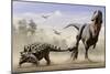 An Euoplocephalus Hits T-Rex's Foot by its Mace Like Tail in Self-Defense-null-Mounted Art Print