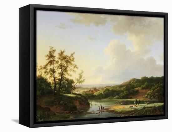 An Extensive Landscape with Figures and Cattle by a River, a Town Beyond, 1845-Marinus Adrianus Koekkoek-Framed Stretched Canvas