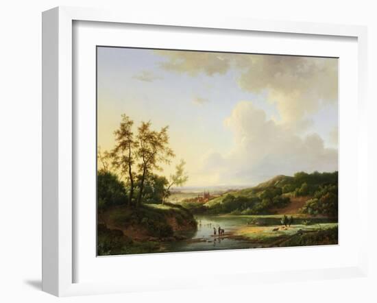 An Extensive Landscape with Figures and Cattle by a River, a Town Beyond, 1845-Marinus Adrianus Koekkoek-Framed Giclee Print