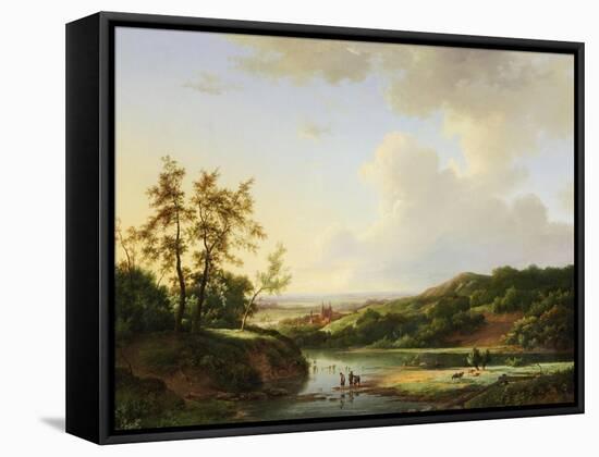 An Extensive Landscape with Figures and Cattle by a River, a Town Beyond, 1845-Marinus Adrianus Koekkoek-Framed Stretched Canvas