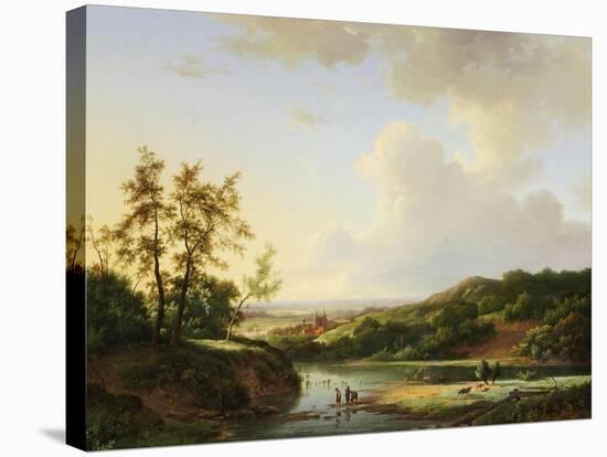 An Extensive Landscape with Figures and Cattle by a River, a Town Beyond, 1845-Marinus Adrianus Koekkoek-Stretched Canvas