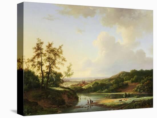 An Extensive Landscape with Figures and Cattle by a River, a Town Beyond, 1845-Marinus Adrianus Koekkoek-Stretched Canvas