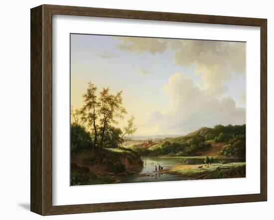 An Extensive Landscape with Figures and Cattle by a River, a Town Beyond, 1845-Marinus Adrianus Koekkoek-Framed Giclee Print