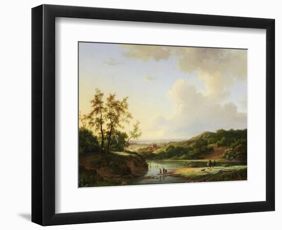 An Extensive Landscape with Figures and Cattle by a River, a Town Beyond, 1845-Marinus Adrianus Koekkoek-Framed Giclee Print