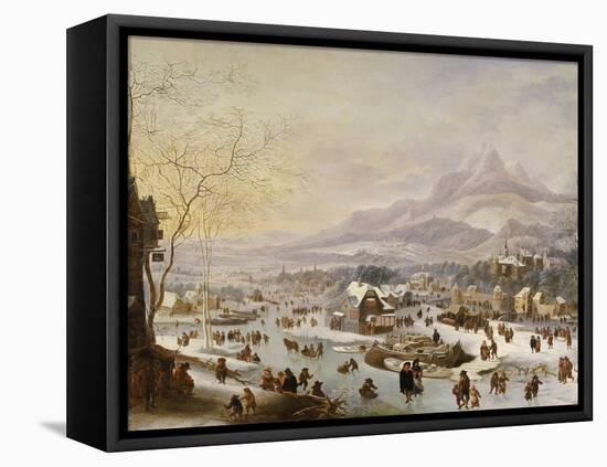 An Extensive River Landscape, with Numerous Figures Skating Outside a Town-Robert Griffier-Framed Stretched Canvas