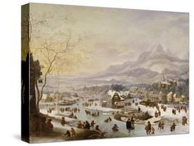 An Extensive River Landscape, with Numerous Figures Skating Outside a Town-Robert Griffier-Stretched Canvas