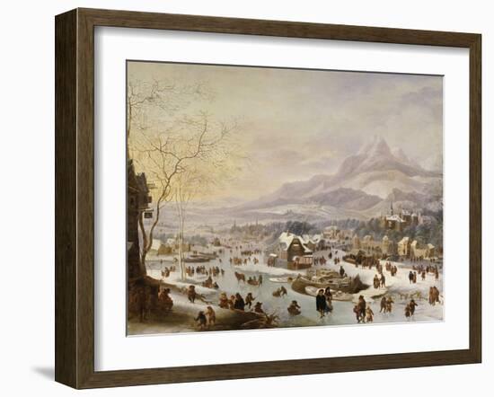An Extensive River Landscape, with Numerous Figures Skating Outside a Town-Robert Griffier-Framed Giclee Print