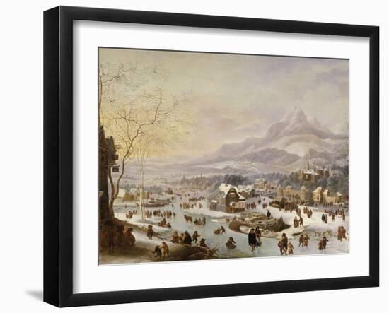 An Extensive River Landscape, with Numerous Figures Skating Outside a Town-Robert Griffier-Framed Giclee Print