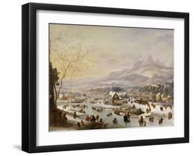 An Extensive River Landscape, with Numerous Figures Skating Outside a Town-Robert Griffier-Framed Giclee Print