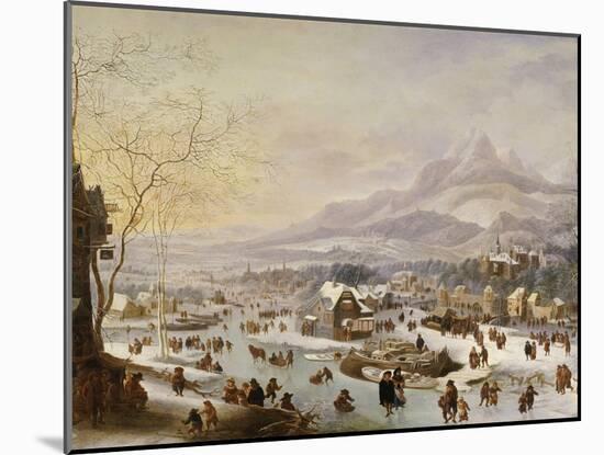 An Extensive River Landscape, with Numerous Figures Skating Outside a Town-Robert Griffier-Mounted Giclee Print